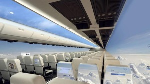 A concept image of the interior cabin inside an in-development windowless plane. 