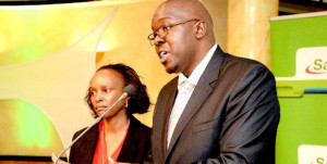 Safaricom head of product and services development Ken Okwero and Betty Mwangi-Thuo , general manager for financial services, during a business update meeting at the Serena Hotel (Photo Courtesy of Business Daily)