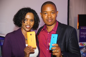 Mariam Abdulahi Microsoft Mobile GM and King'ori Gitahi Product Manager displays the Lumia 640 and 640 XL recently launched at the National Museum of Kenya