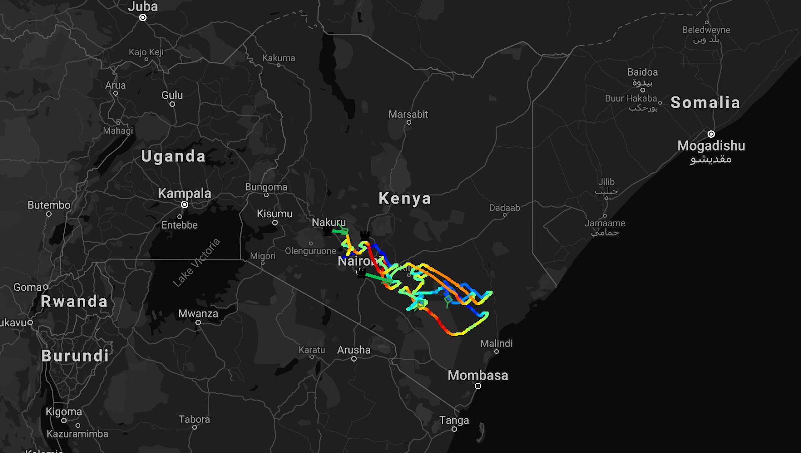 Changing altitudes of four balloons along their paths over Kenya for a day.