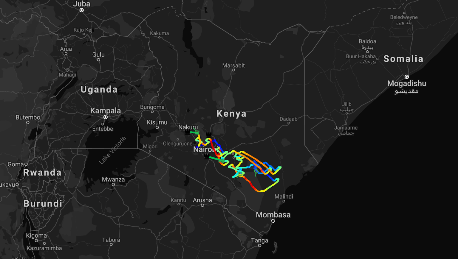 The path followed by Alphabet’s balloons as they provide service to the target area in Kenya.