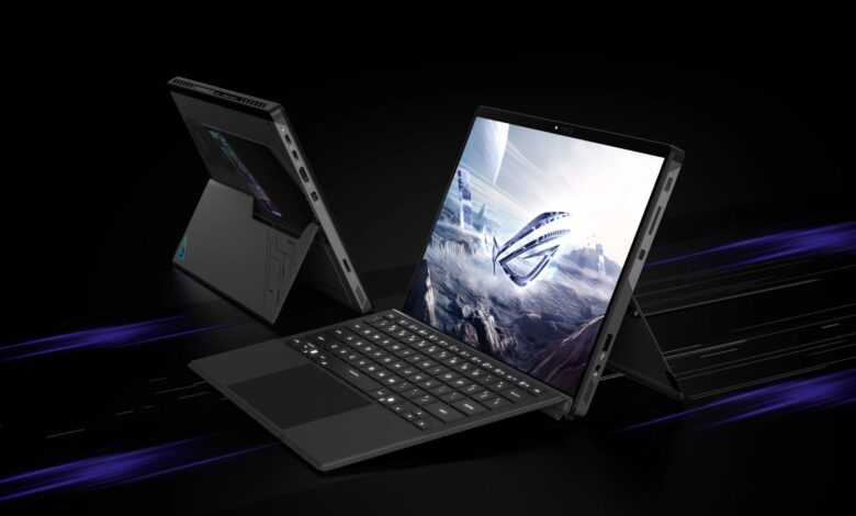 Two ROG Flow Z13 shown in front and back views, featuring a detachable keyboard and glowing accents in a dark setting.png