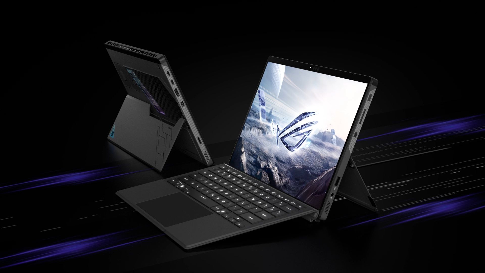 Two ROG Flow Z13 shown in front and back views, featuring a detachable keyboard and glowing accents in a dark setting.png