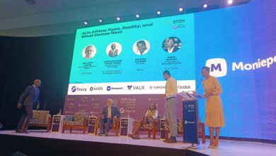 Mike Mompi of Enza Capital, Sir John Lazar of Enza Capital, Rawan Dareer of Hakimu, and Ambassador Philip Thigo, Special Envoy for Technology, during the AI in Africa panel at Africa Tech Summit Nairobi.