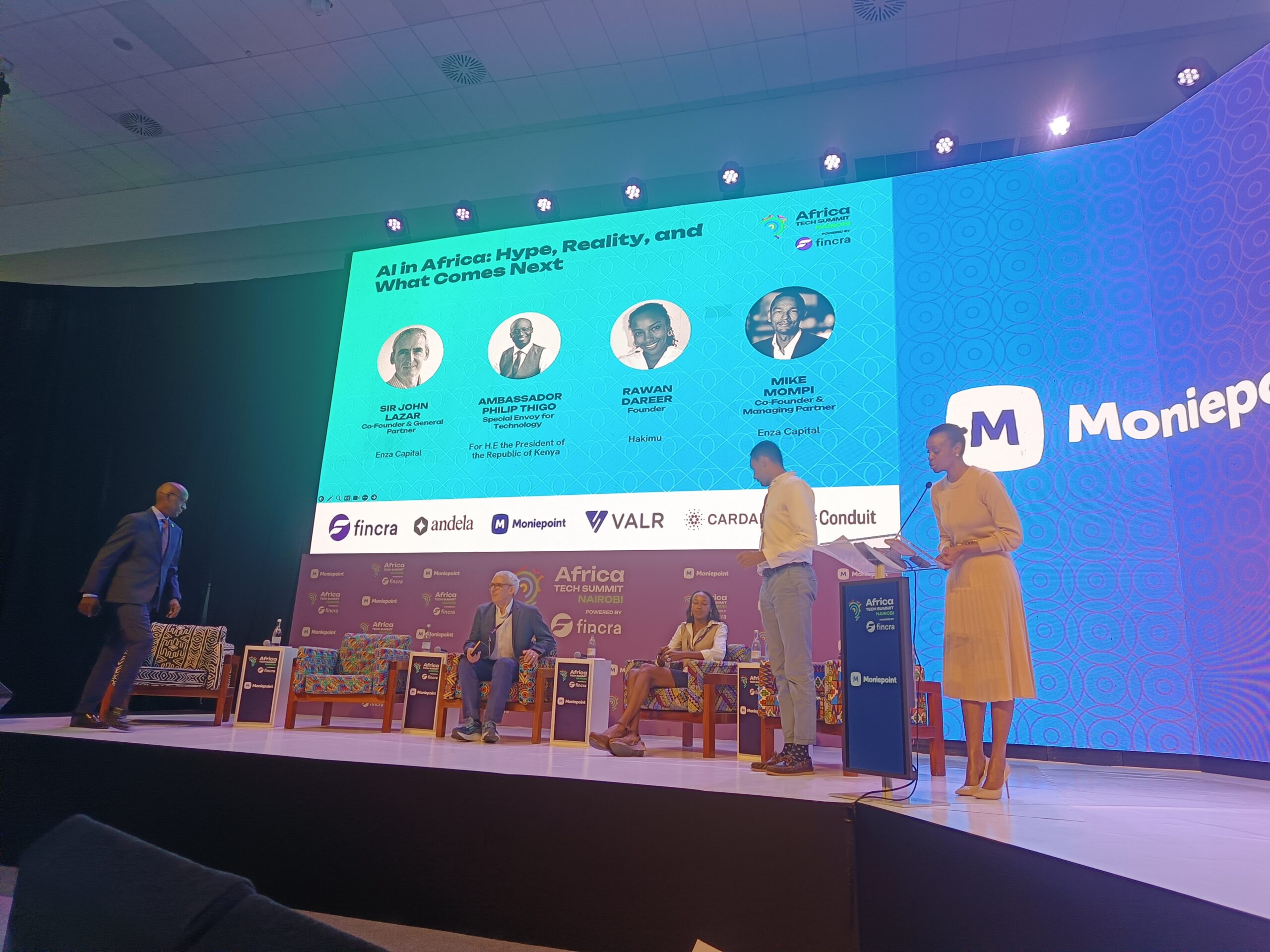 Mike Mompi of Enza Capital, Sir John Lazar of Enza Capital, Rawan Dareer of Hakimu, and Ambassador Philip Thigo, Special Envoy for Technology, during the AI in Africa panel at Africa Tech Summit Nairobi.