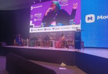 Haifa Ben Salem of the International Trade Centre moderates a panel with Ayobami Oladipo of Ignitia, Babafemi Adewumi of Crop2Cash, and Princess Ogbechie of Farmz2U during the Climate Tech and Investment Summit.