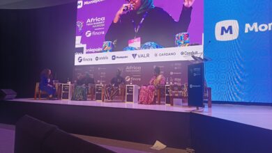 Haifa Ben Salem of the International Trade Centre moderates a panel with Ayobami Oladipo of Ignitia, Babafemi Adewumi of Crop2Cash, and Princess Ogbechie of Farmz2U during the Climate Tech and Investment Summit.