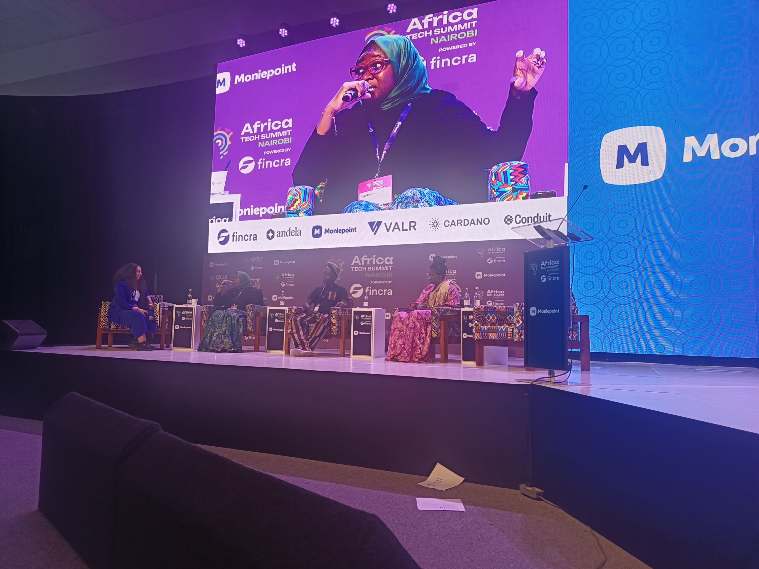 Haifa Ben Salem of the International Trade Centre moderates a panel with Ayobami Oladipo of Ignitia, Babafemi Adewumi of Crop2Cash, and Princess Ogbechie of Farmz2U during the Climate Tech and Investment Summit.