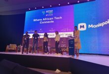 Neanda Salvaterra moderates a discussion with Lucretia Chopera of Katapult Ocean, Pieter Labuschagne of Newform Foods, Luvo Gugwana of Green Arch Innovations, and Yasha Portnoy of EarthAcre during the Climate Tech and Investment Summit.