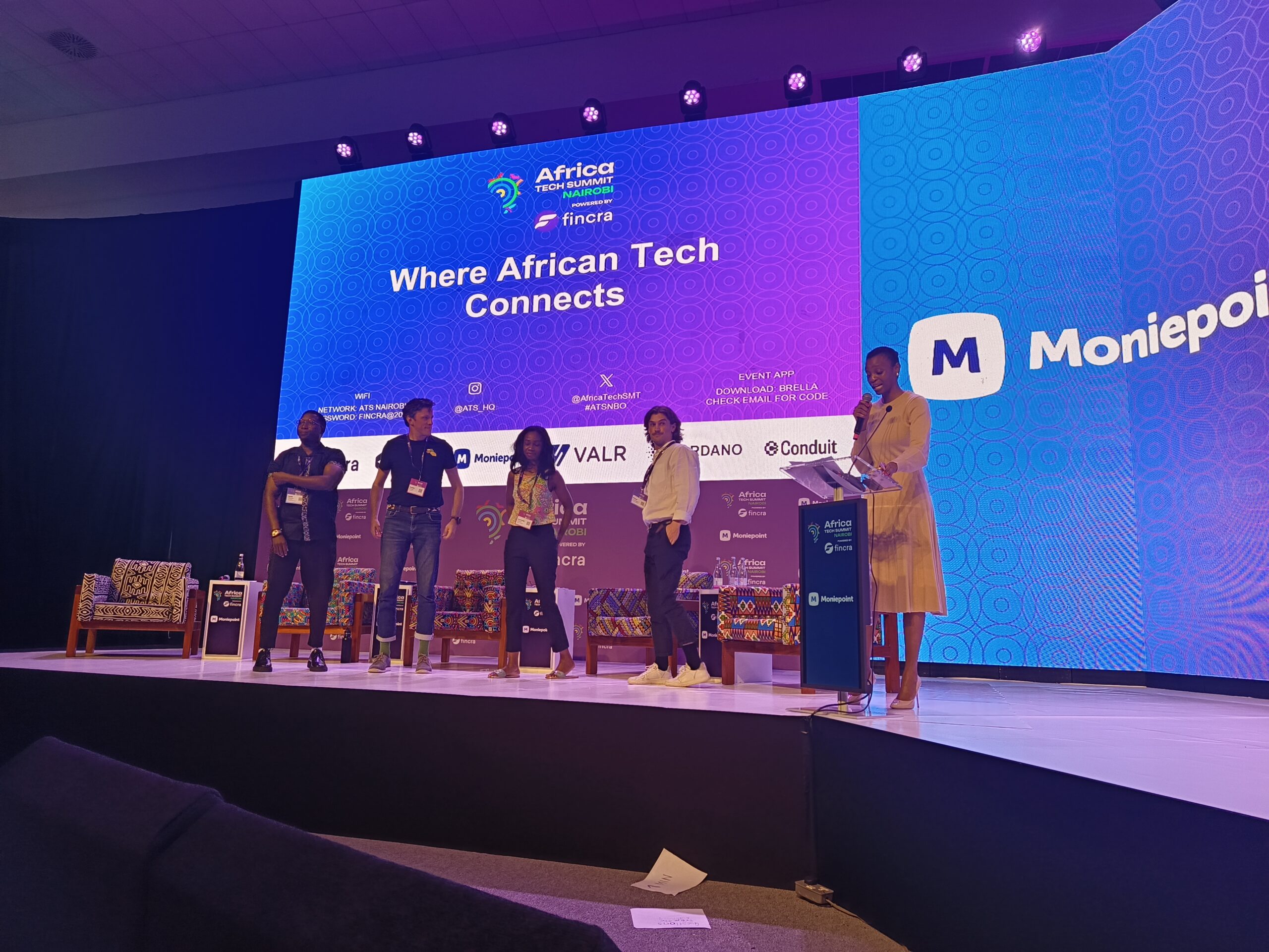 Neanda Salvaterra moderates a discussion with Lucretia Chopera of Katapult Ocean, Pieter Labuschagne of Newform Foods, Luvo Gugwana of Green Arch Innovations, and Yasha Portnoy of EarthAcre during the Climate Tech and Investment Summit.