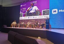 Pim Engels (FMO), Pierre-Alain Masson (Seedstars), Ngetha Waithaka (Norrsken22), Amanda Cotterman (IFC), and Hervé Frederic Rugwizangoga (Kigali International Financial Centre) during the Investing in Africa 2030 session at the Moniepoint Stage.