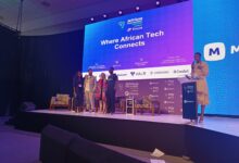 Panelists Nonnie Wanjihia Burbidge of Enza Capital, Vladimir Dugin of E3 Capital, Lyndsay Handler of Delta40 Studio, and Joe Kinvi of Borderless during the Africa Tech Summit Investment Showcase at the Moniepoint Stage in Nairobi.