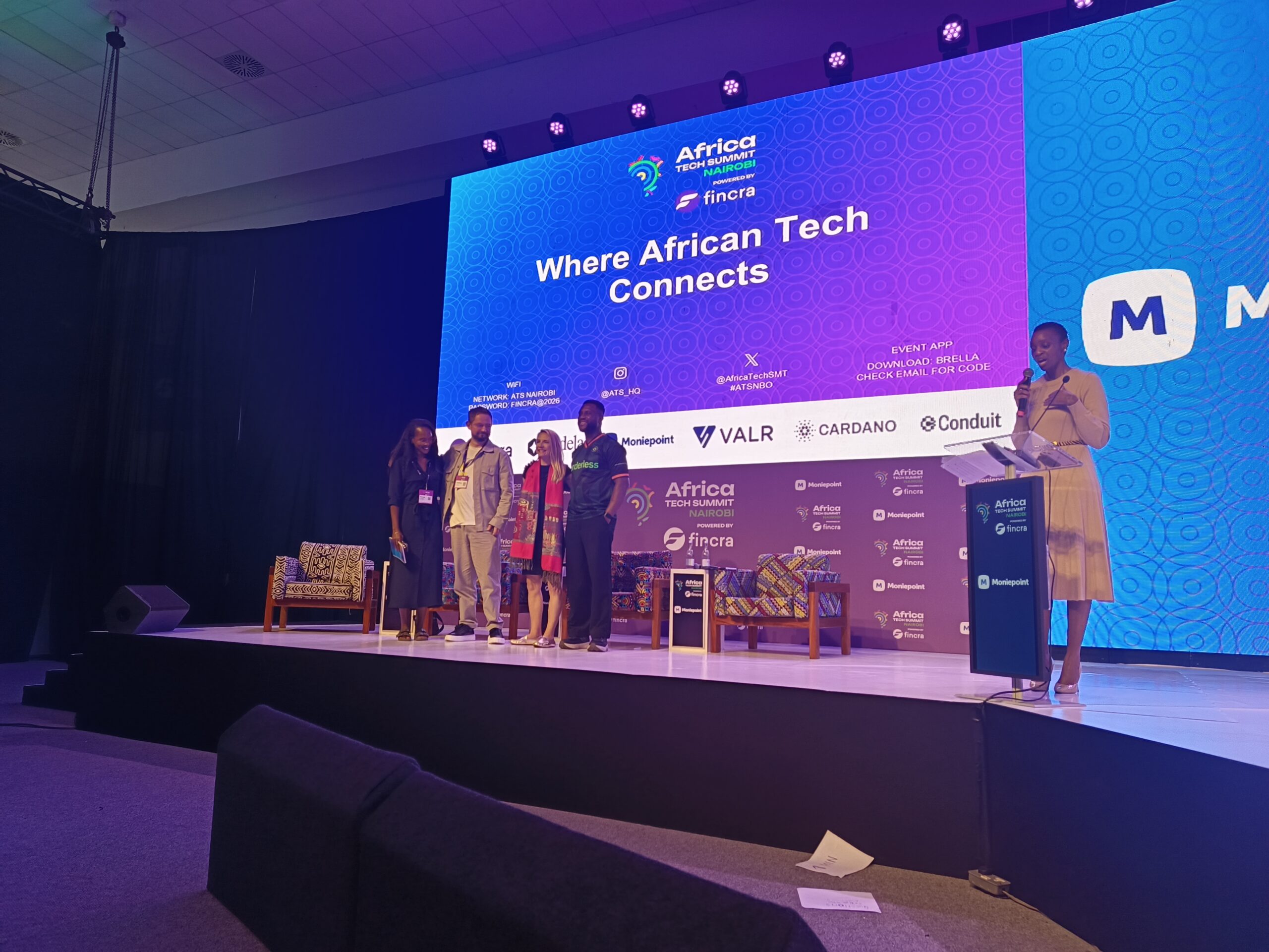 Panelists Nonnie Wanjihia Burbidge of Enza Capital, Vladimir Dugin of E3 Capital, Lyndsay Handler of Delta40 Studio, and Joe Kinvi of Borderless during the Africa Tech Summit Investment Showcase at the Moniepoint Stage in Nairobi.