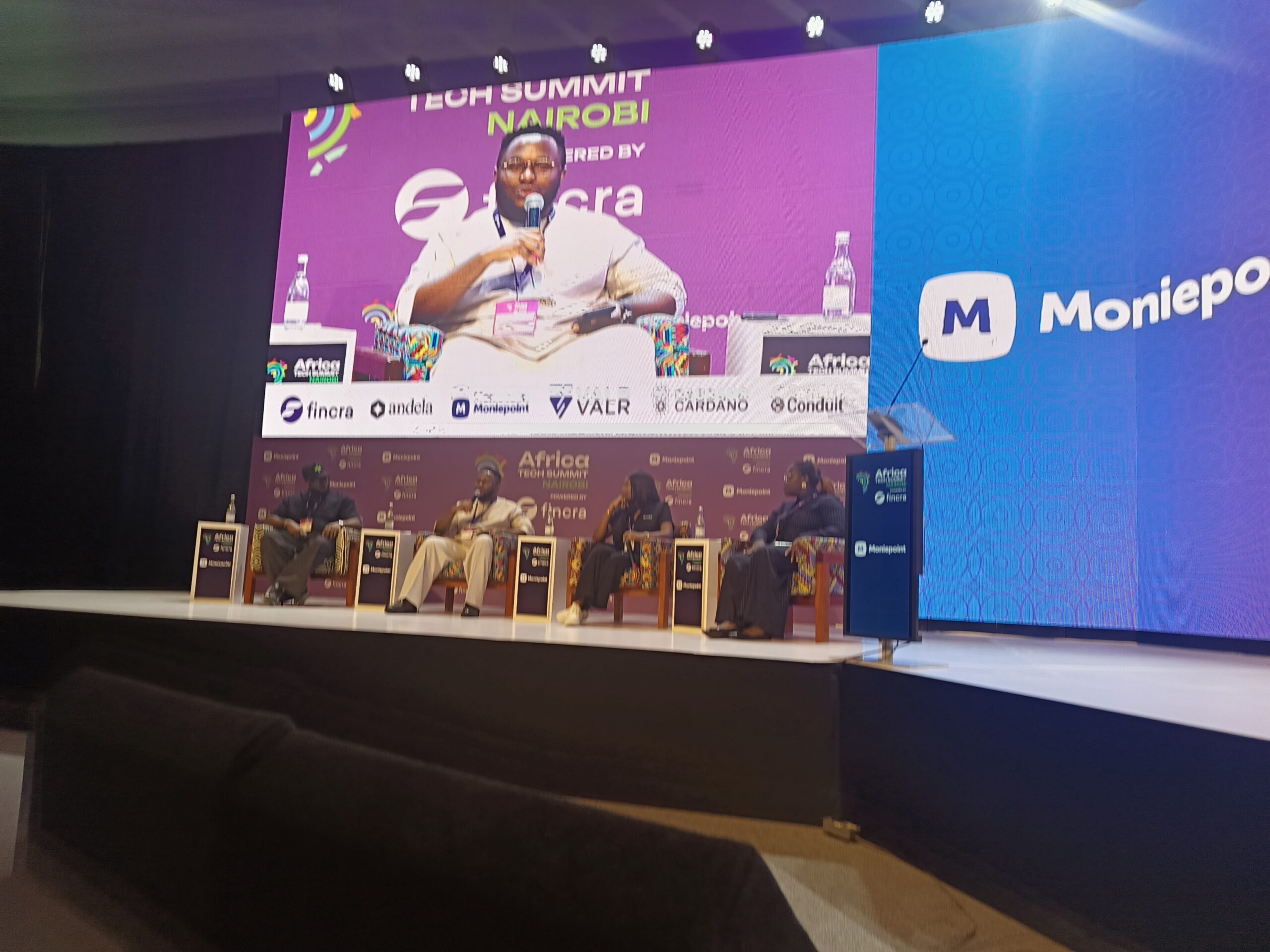 Emmanuel “Babz” Babalola of Fincra moderates a discussion with Nena Nwachukwu of Conduit, Carol Ogallo of Choice Bank, and Paschal Okeke of CrissCross on payment rails and intra-African trade.