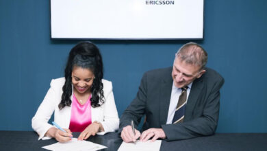 Frehiwot Tamru, CEO of Ethio Telecom, signs a network expansion agreement with a senior executive from Ericsson during vendor negotiations linked to Mobile World Congress 2026 in Barcelona.