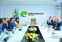 Ethio Telecom CEO Frehiwot Tamru and fellow executives meet with Ascot Energy in Addis Ababa to formalize a partnership focused on powering telecom infrastructure with hybrid, sustainable energy solutions.