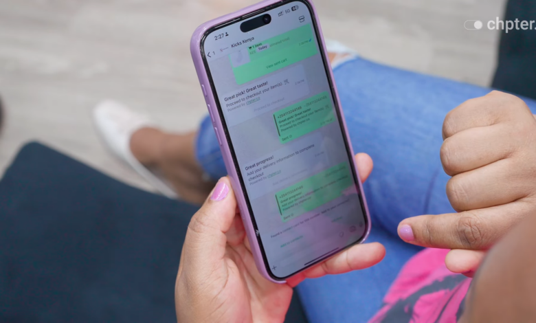A customer completes a purchase through a WhatsApp conversation powered by Chpter, reflecting how merchants such as Kicks Kenya convert abandoned website carts into real-time chat checkouts and customer orders.