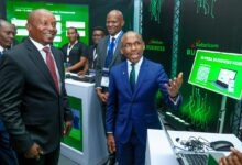 Safaricom CEO Peter Ndegwa walks Deputy President Kithure Kindiki through the company’s integrated digital platforms during a showcase at the Connected Africa Summit in Nairobi.