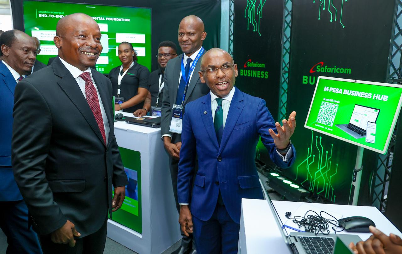 Safaricom CEO Peter Ndegwa walks Deputy President Kithure Kindiki through the company’s integrated digital platforms during a showcase at the Connected Africa Summit in Nairobi.