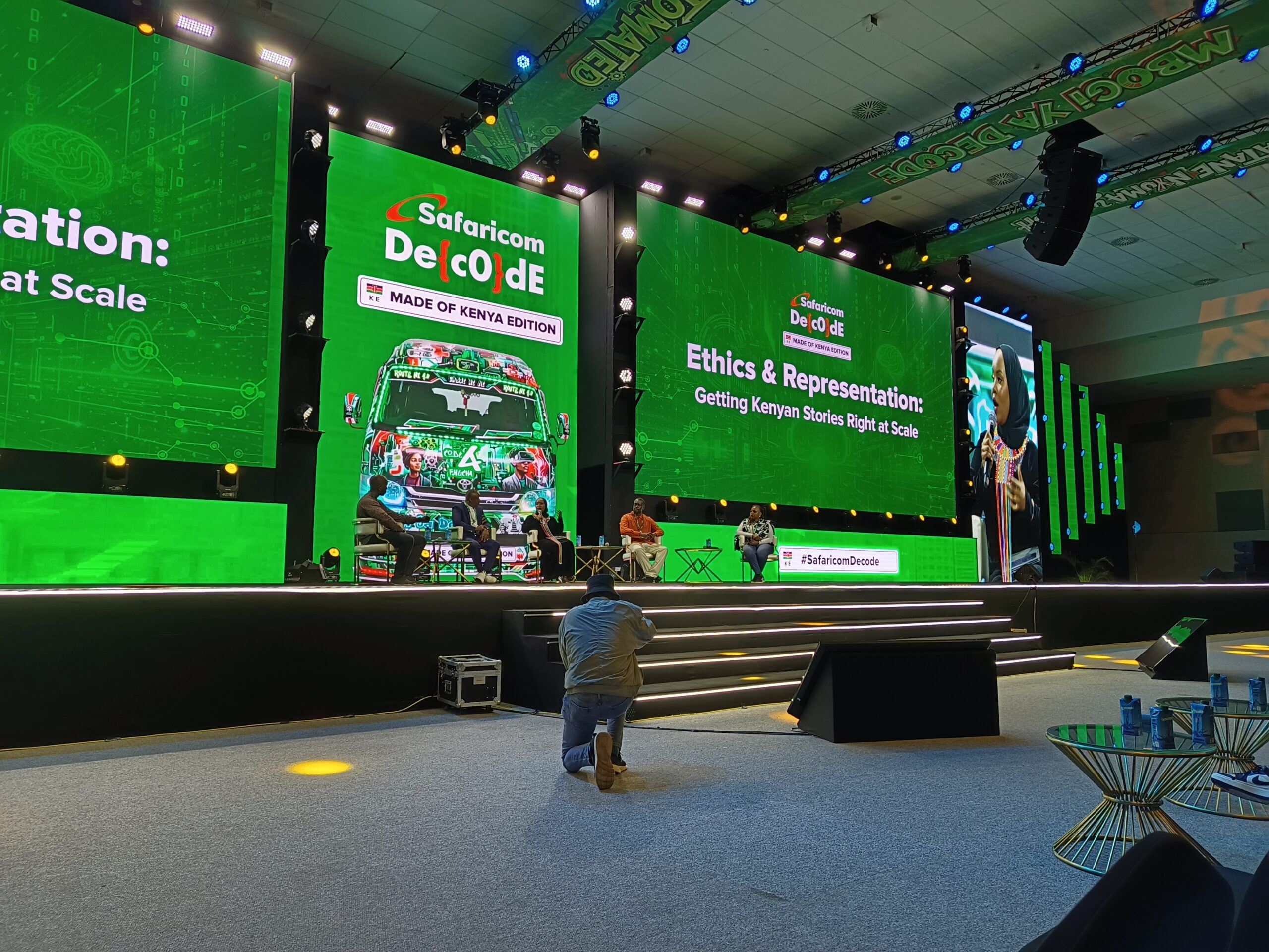 Moderator Peter Kuria, Segment Lead – Aspirers at Safaricom PLC, leads a panel with Ellein Nasieku of SemaBOX Africa, Philip Karanja of Phil-it Productions, James Ahere of Weza Interactive Entertainment, and Pauline Kieleko, Digital Services Tribe Lead at Safaricom PLC, during the Ethics and Representation session at Safaricom Decode 4.0