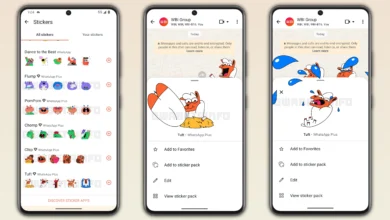 Premium sticker packs and customization options in WhatsApp Plus, shown on Android during early rollout.
