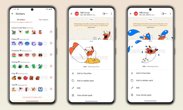 Premium sticker packs and customization options in WhatsApp Plus, shown on Android during early rollout.