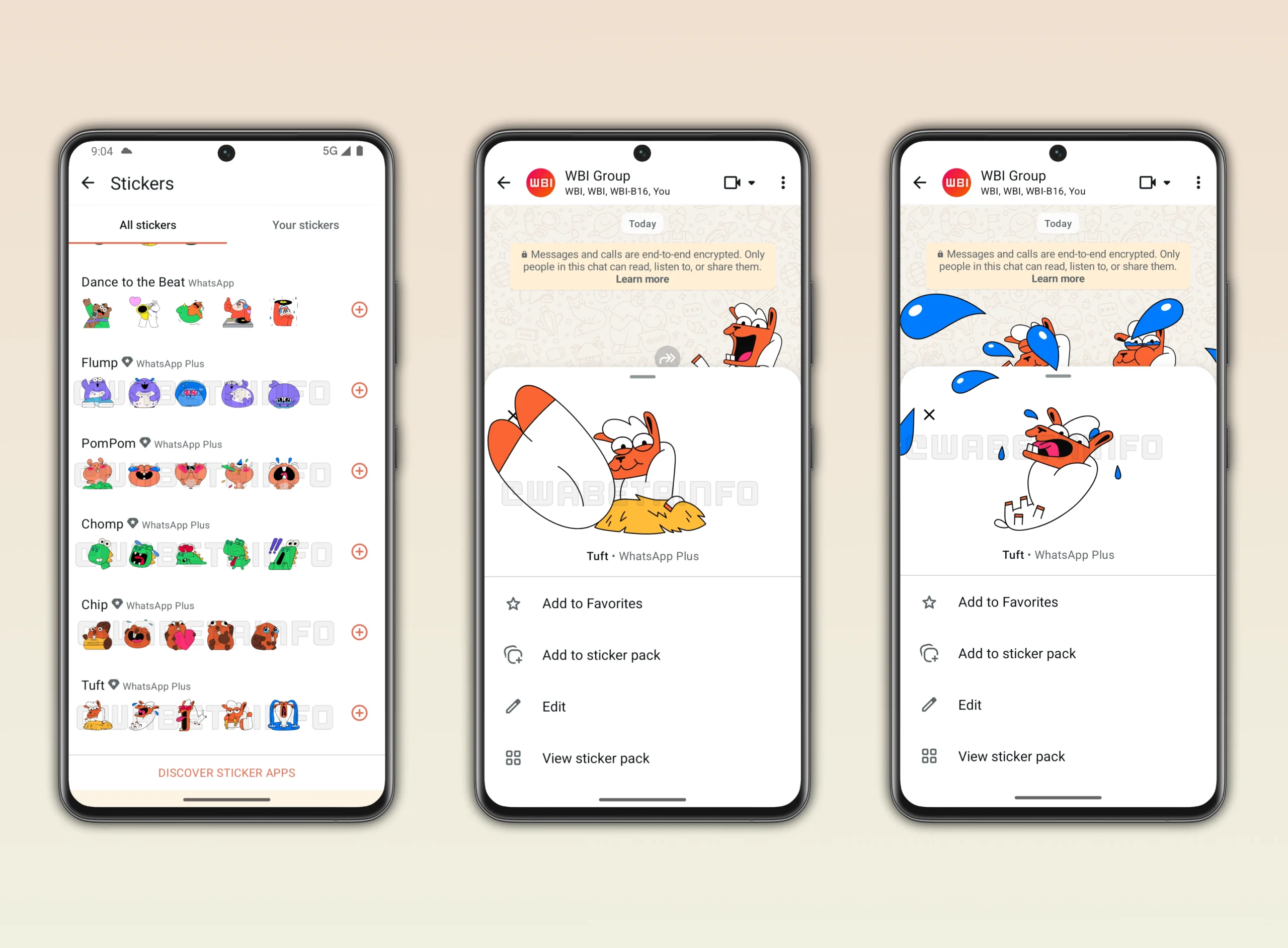 Premium sticker packs and customization options in WhatsApp Plus, shown on Android during early rollout.