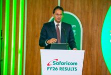 Adil Khawaja, Chairman of the Safaricom PLC Board, speaks during the company’s FY2026 results presentation.