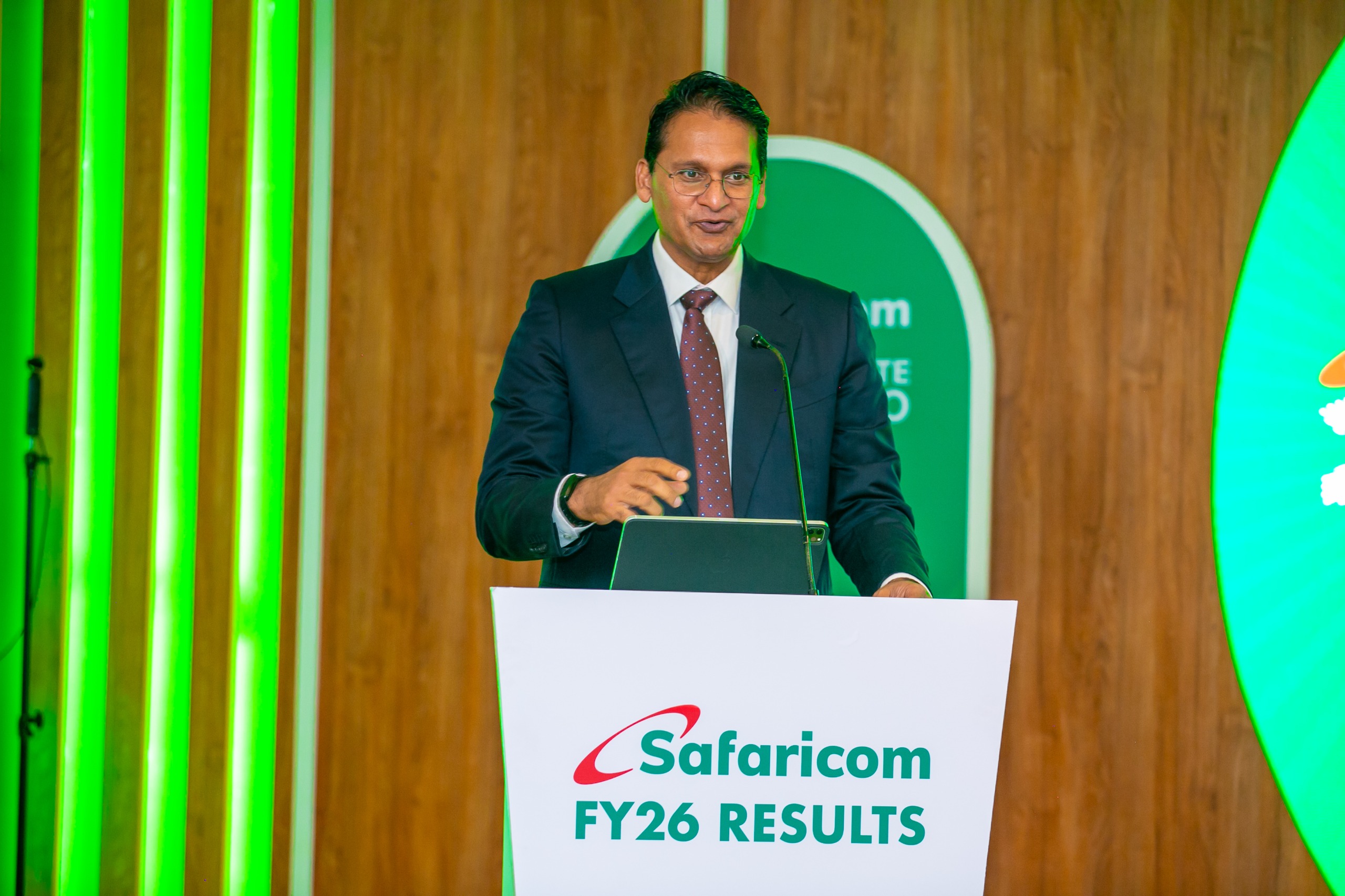 Adil Khawaja, Chairman of the Safaricom PLC Board, speaks during the company’s FY2026 results presentation.