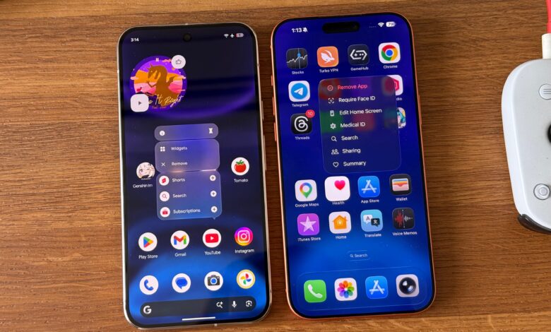 An Android smartphone and an iPhone displayed side by side as Google expands Android 17 with Gemini AI tools, creator features and deeper cross-platform integration.