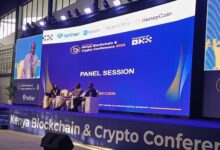 Michael Eganza, Director of Banking and Payment Services at the Central Bank of Kenya, and Justus Agoti, Deputy Director for Market Deepening at the Capital Markets Authority, during a panel discussion on digital asset regulation at the Kenya Blockchain & Crypto Conference 2026 in Nairobi.