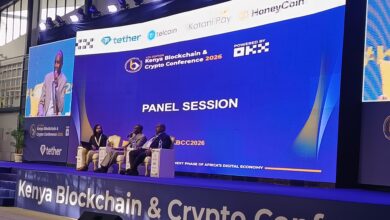 Michael Eganza, Director of Banking and Payment Services at the Central Bank of Kenya, and Justus Agoti, Deputy Director for Market Deepening at the Capital Markets Authority, during a panel discussion on digital asset regulation at the Kenya Blockchain & Crypto Conference 2026 in Nairobi.