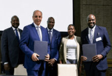 Samaila Zubairu, President and Chief Executive Officer of Africa Finance Corporation (centre), with representatives from AFC and investment partners during a signing linked to the corporation’s African technology fund investment programme.