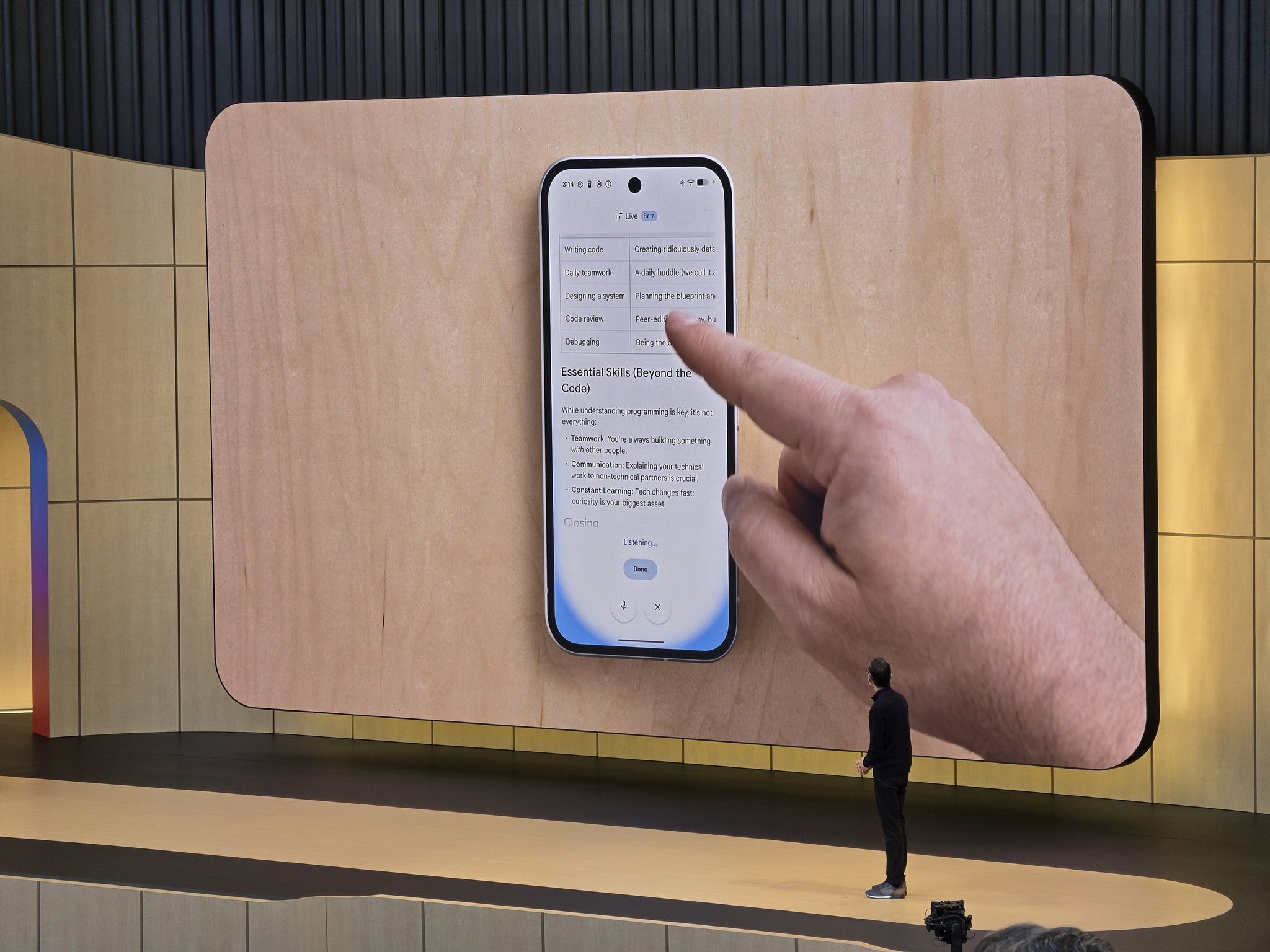 A Google executive demonstrates Docs Live during Google I/O 2026, showing how users can verbally describe a document and pull context from Drive to generate drafts using Gemini AI.