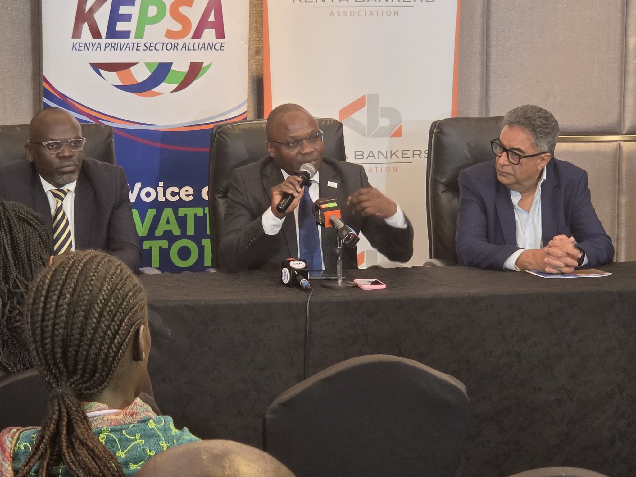 Raimond Molenje, Chief Executive Officer of the Kenya Bankers Association, speaks during a joint Finance Bill 2026 press briefing hosted with the Kenya Private Sector Alliance in Kiambu County on May 25, 2026. Seated on the right is Dr. Jas Bedi, Chairperson of the Kenya Private Sector Alliance.