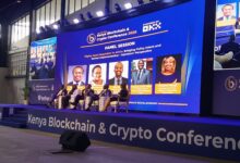 Panelists at the Kenya Blockchain & Crypto Conference 2026 during a session on digital asset regulation in Africa. From left are Mabuti Mutua, Head of Regulatory Affairs and Licensing Africa at Tether; Edline Murungi, Group Head of Policy and Senior Legal Counsel at Yellow Card; Bill Okello, Chief Legal Officer at Steakhouse Financial and Director at the Virtual Assets Chamber; Thomas Louis Abira, Founding Partner at Thomas Louis Advocates; and moderator Muthoni Njogu, Managing Partner at Njogu & Associates Advocates.