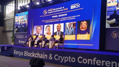 Panelists at the Kenya Blockchain & Crypto Conference 2026 during a session on digital asset regulation in Africa. From left are Mabuti Mutua, Head of Regulatory Affairs and Licensing Africa at Tether; Edline Murungi, Group Head of Policy and Senior Legal Counsel at Yellow Card; Bill Okello, Chief Legal Officer at Steakhouse Financial and Director at the Virtual Assets Chamber; Thomas Louis Abira, Founding Partner at Thomas Louis Advocates; and moderator Muthoni Njogu, Managing Partner at Njogu & Associates Advocates.