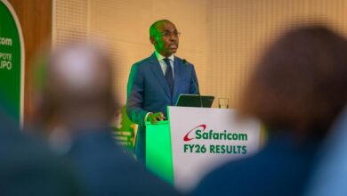 Peter Ndegwa, Group CEO of Safaricom, speaks during the company’s FY2026 results presentation in Nairobi.