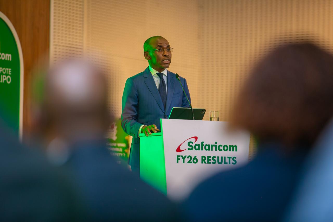 Peter Ndegwa, Group CEO of Safaricom, speaks during the company’s FY2026 results presentation in Nairobi.