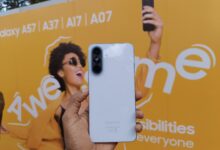The Samsung Galaxy A57 5G on display during the Galaxy Hangout creator event in Nairobi, where Samsung showcased its new AI-focused A-series lineup alongside mobile photography and creator tools.