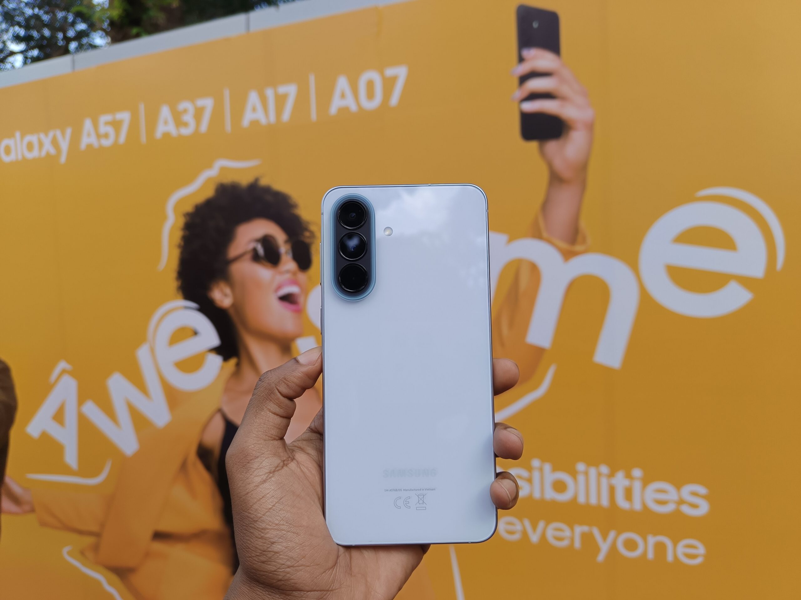 The Samsung Galaxy A57 5G on display during the Galaxy Hangout creator event in Nairobi, where Samsung showcased its new AI-focused A-series lineup alongside mobile photography and creator tools.