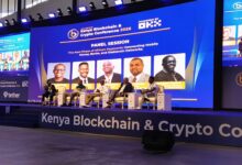 Moderator Rogers Karani of T-kash joins Freddie Omany of Pawapay, Felix Macharia of Kotani Pay, techpreneur Nick Mwendwa and Ali Hussein of AHK Growth Partners during a panel on mobile money, banking infrastructure and stablecoin networks at the Kenya Blockchain & Crypto Conference 2026 in Nairobi.