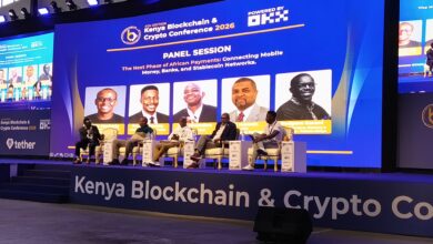 Moderator Rogers Karani of T-kash joins Freddie Omany of Pawapay, Felix Macharia of Kotani Pay, techpreneur Nick Mwendwa and Ali Hussein of AHK Growth Partners during a panel on mobile money, banking infrastructure and stablecoin networks at the Kenya Blockchain & Crypto Conference 2026 in Nairobi.
