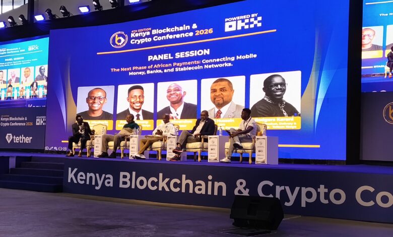 Moderator Rogers Karani of T-kash joins Freddie Omany of Pawapay, Felix Macharia of Kotani Pay, techpreneur Nick Mwendwa and Ali Hussein of AHK Growth Partners during a panel on mobile money, banking infrastructure and stablecoin networks at the Kenya Blockchain & Crypto Conference 2026 in Nairobi.