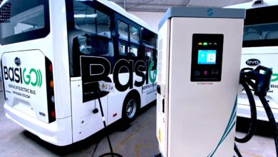 A BasiGo electric bus charging at one of the company’s EV infrastructure sites as charging corridors expand beyond Nairobi into regional towns including Nakuru, Nyeri and Meru.