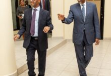 Ethics and Anti-Corruption Commission CEO Abdi Mohamud and Financial Reporting Centre Director-General Naphtaly Rono during talks at Nairobi’s Integrity Centre on strengthening cooperation against money laundering and financial crimes in Kenya.