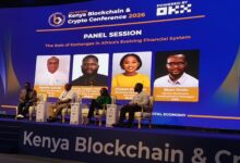 Apollo Sande, Country Manager Kenya at Luno; Sunny Joseph Imohimi of Bitget; Chebet Kipingor of Busha; and moderator Seun Orolu of OKX during a panel session on the role of exchanges in Africa’s evolving financial system at the Kenya Blockchain & Crypto Conference 2026.