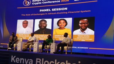 Apollo Sande, Country Manager Kenya at Luno; Sunny Joseph Imohimi of Bitget; Chebet Kipingor of Busha; and moderator Seun Orolu of OKX during a panel session on the role of exchanges in Africa’s evolving financial system at the Kenya Blockchain & Crypto Conference 2026.