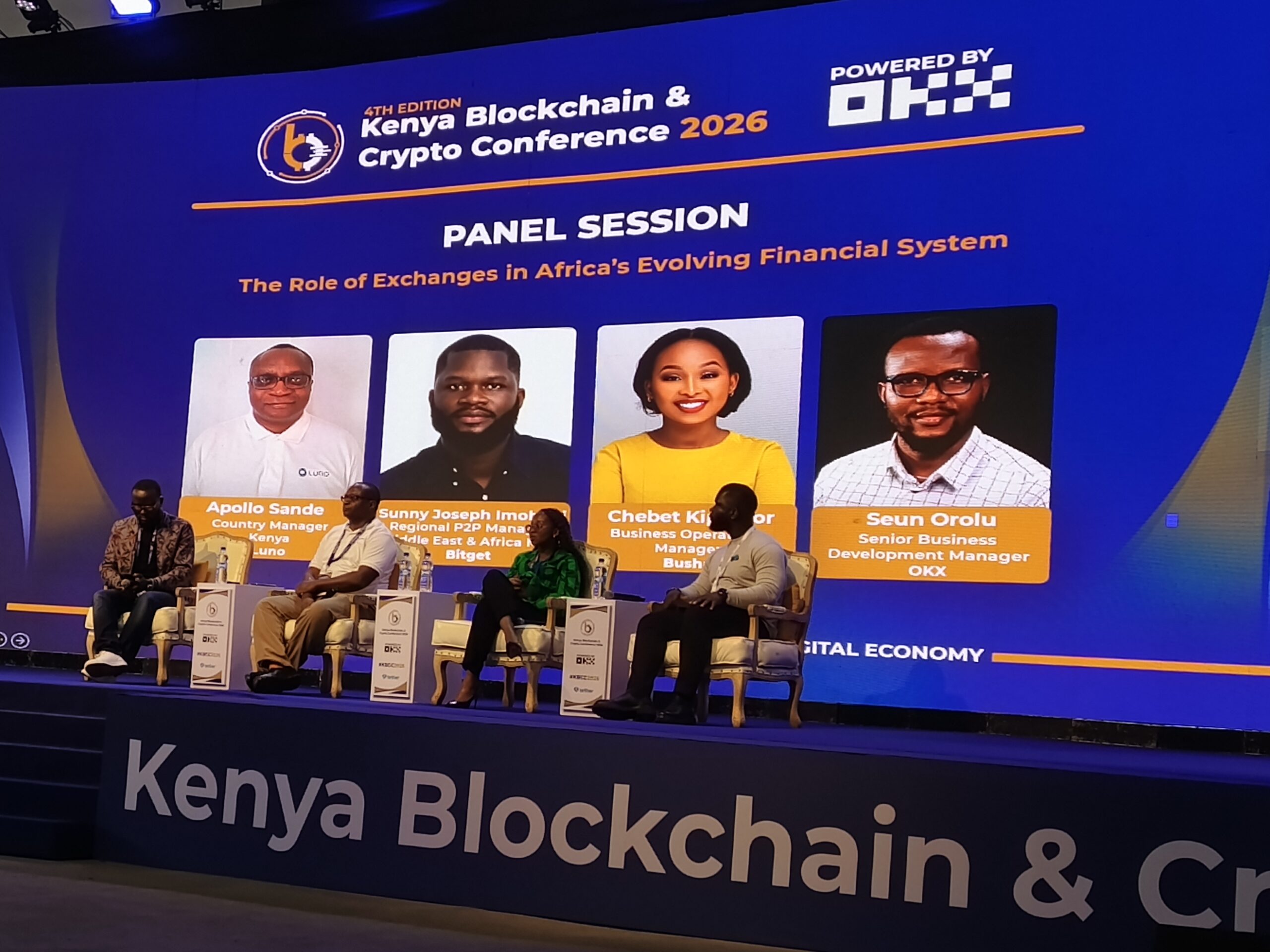 Apollo Sande, Country Manager Kenya at Luno; Sunny Joseph Imohimi of Bitget; Chebet Kipingor of Busha; and moderator Seun Orolu of OKX during a panel session on the role of exchanges in Africa’s evolving financial system at the Kenya Blockchain & Crypto Conference 2026.