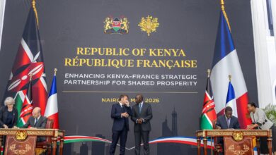 President William Ruto and French President Emmanuel Macron during the signing of Kenya-France strategic partnership agreements at State House, Nairobi, on May 10, 2026.